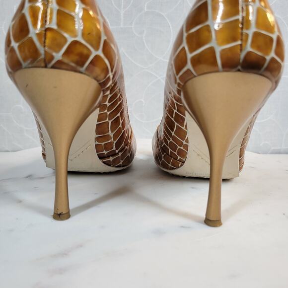 Enzo Angiolini Womens Shoes 7.5 Orange Leather Giraffe Print Open Toe Pump Heels - Picture 4 of 16